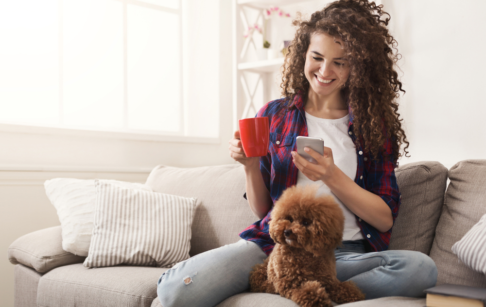 Happy girl with smartphone and dog at home. Curly woman messaging online on couch with her puppy, copy space