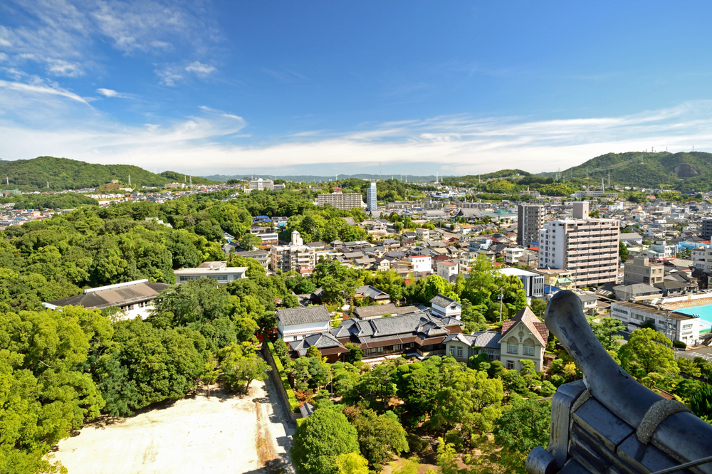View of Fukuyama town from Fukuyama castle tower, Hiroshima prefecture, Japan