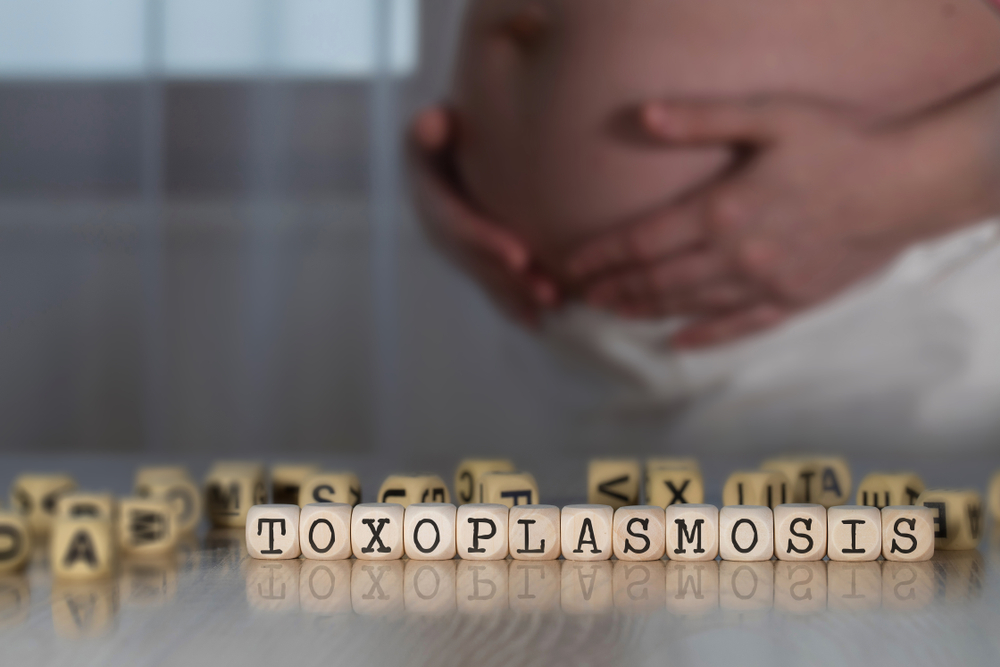 妊婦の女性の前に置かれたトキソプラズマのロゴ