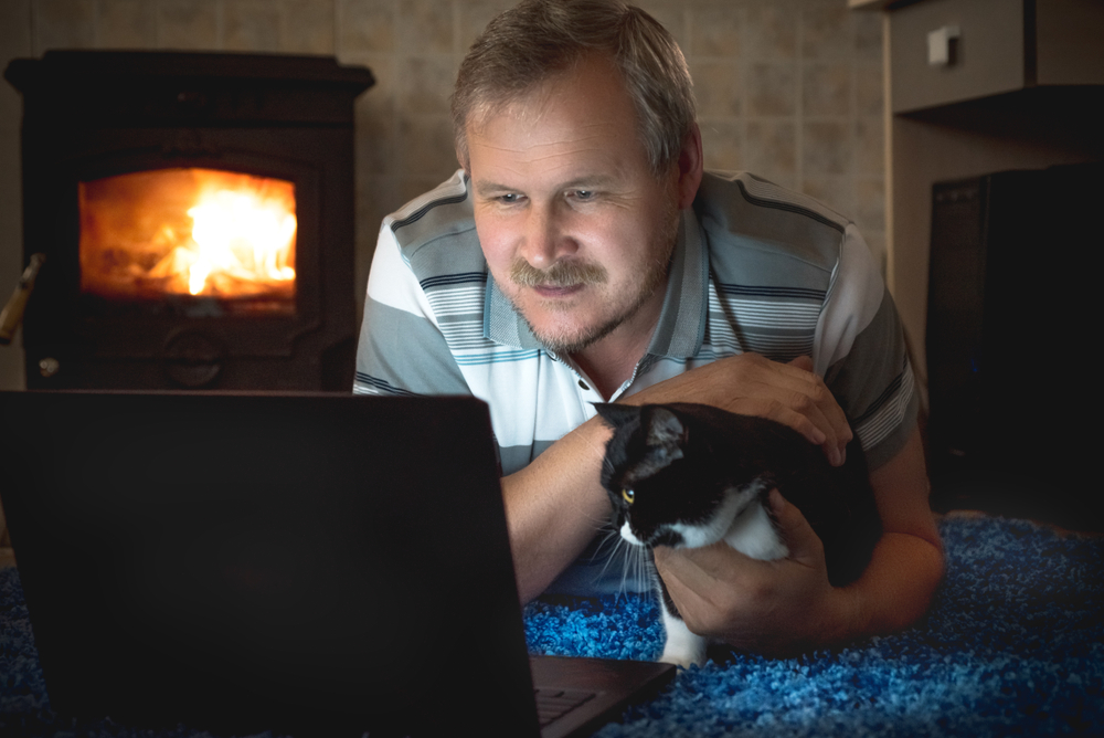 夜遅くまでパソコンを見ている飼い主と猫