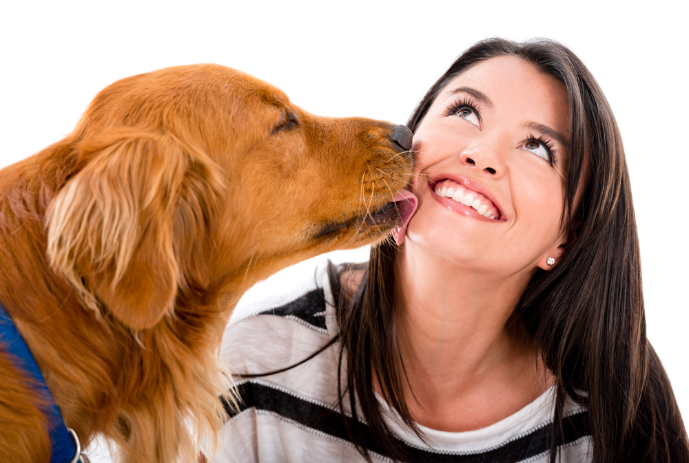 Cute dog kissing a woman - isolated over a white background 