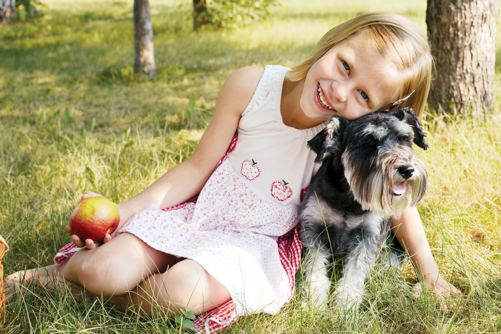 laughing little girl hugging her dog, sitting on green grass in summer garden