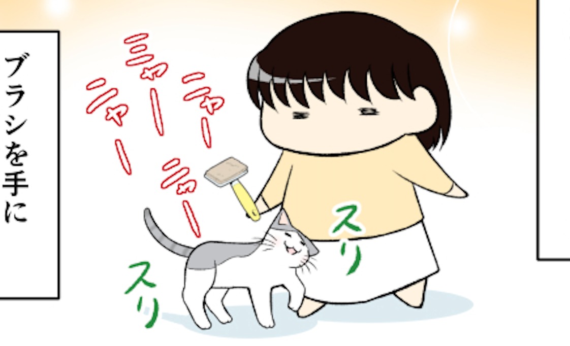 【漫画】第33話：ブラシを手にした途端？！ブラッシング好きな猫さんの眼差しにキュン♡【ぷぅすけくん】