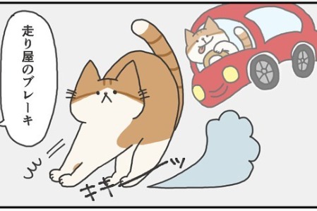 【漫画】第36話：爆走モードのニャンコに通せんぼしたら走り屋並みの急ブレーキに爆笑【ふとしくん】