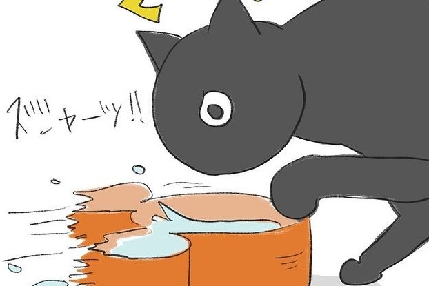 【漫画】第27話：どんなにこぼれようが関係ない！“超ワイルド”にお水を飲む猫さん【くろもくん】