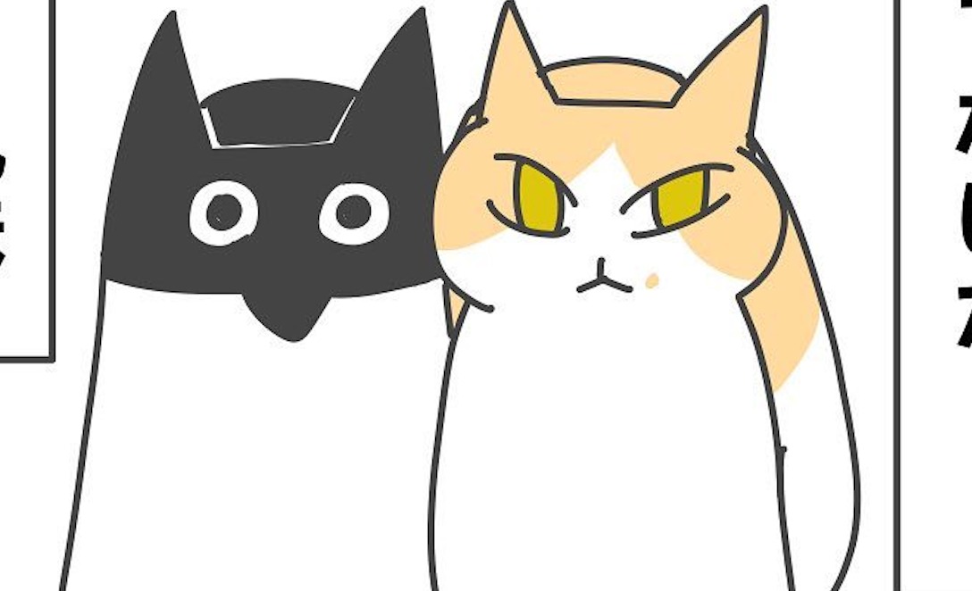 【漫画】第5話：まるでシンクロ？双子の猫くんと同じポーズで座るニャンコ【ちゃん五郎ちゃん】