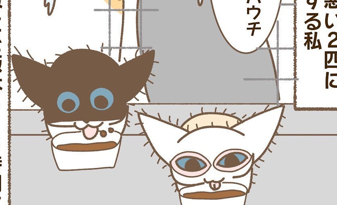 【漫画】第96話：後ろからの圧がすごい！先住猫に見守られてご飯を食べるニャンズ【ぽん四郎くん】
