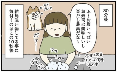 猫　洗い物　漫画
