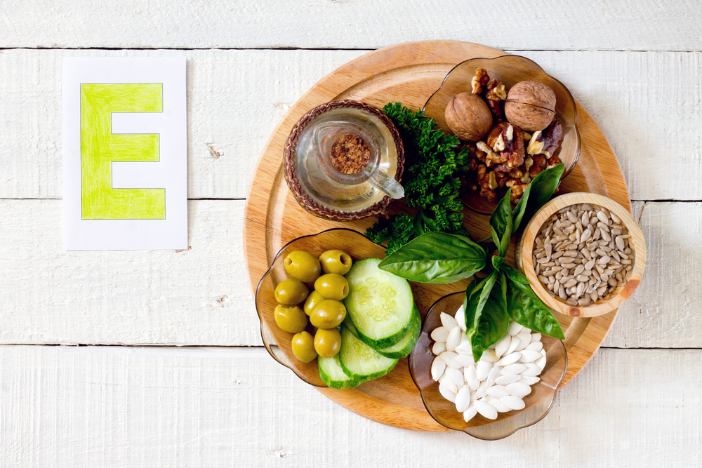 Foods containing vitamin E: walnuts, sunflower seeds, sunflower oil, herbs, pumpkin seeds, olives, cucumbers