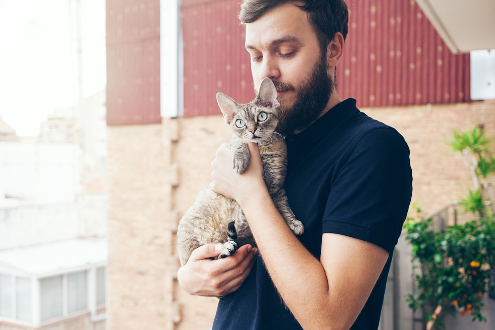 Happy young man is standing on a balcony with his cat. Home pets.
Beautiful man is holding and hugging his cute curious devon rex cat