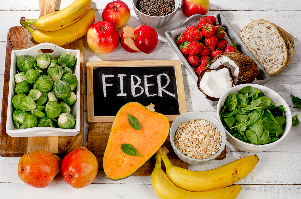 High Fiber Foods on  white wooden background. Flat lay