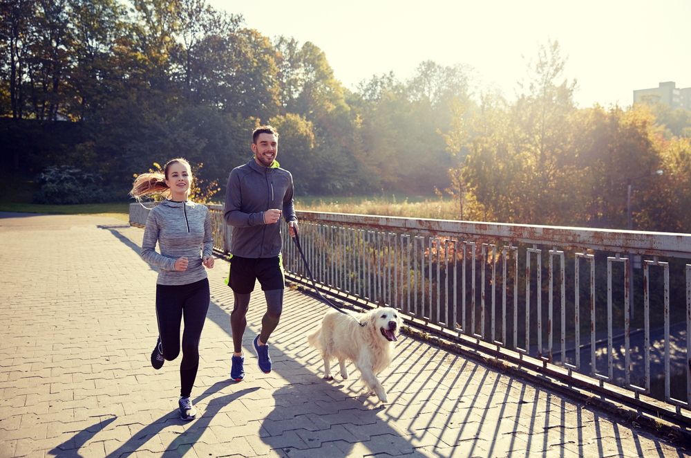 fitness, sport, people and jogging concept - happy couple with dog running outdoors