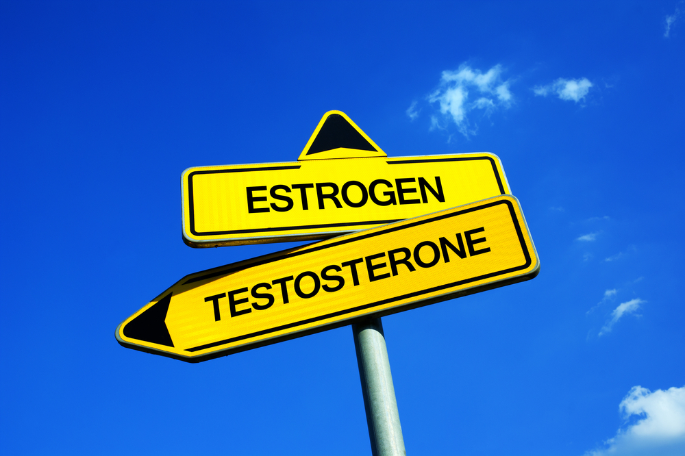 Estrogen vs Testosterone - Traffic sign with two options - Difference between male and female sex hormones. Different biological function of body based on hormonal production