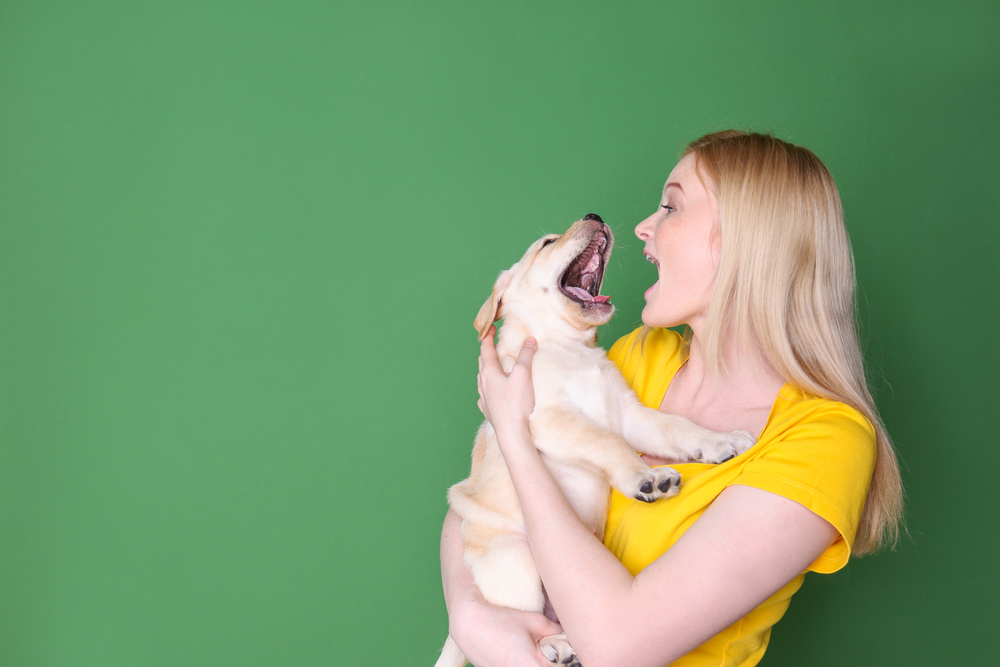 あくびをする女性と犬