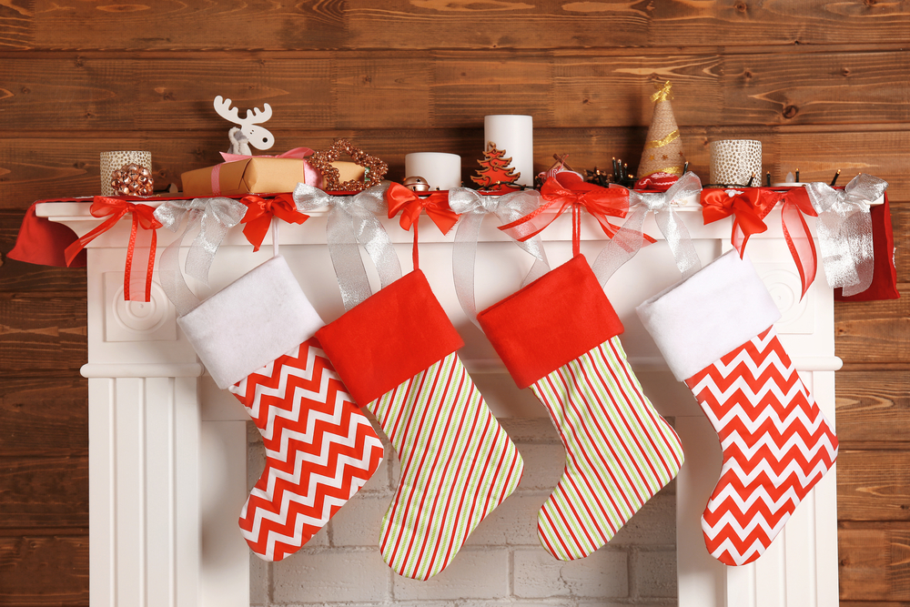 Beautiful fireplace decorated for Christmas with socks