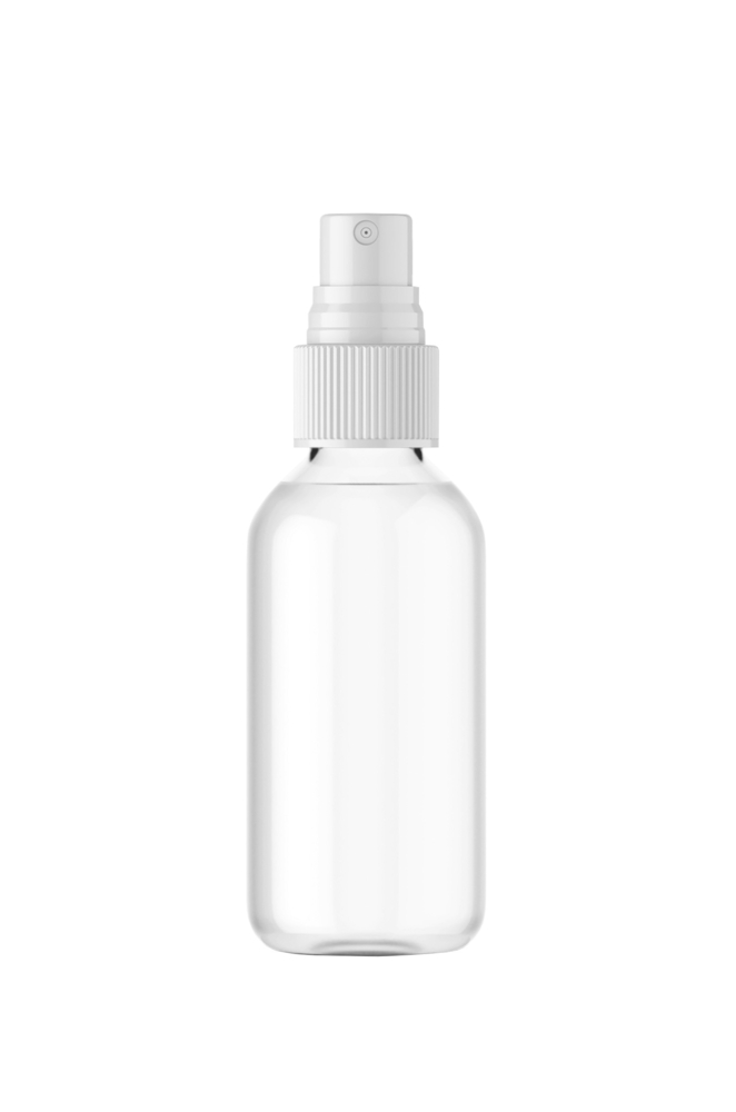 Clear glass bottle with white spray nozzle. Isolated on white background. Blank packaging mock up