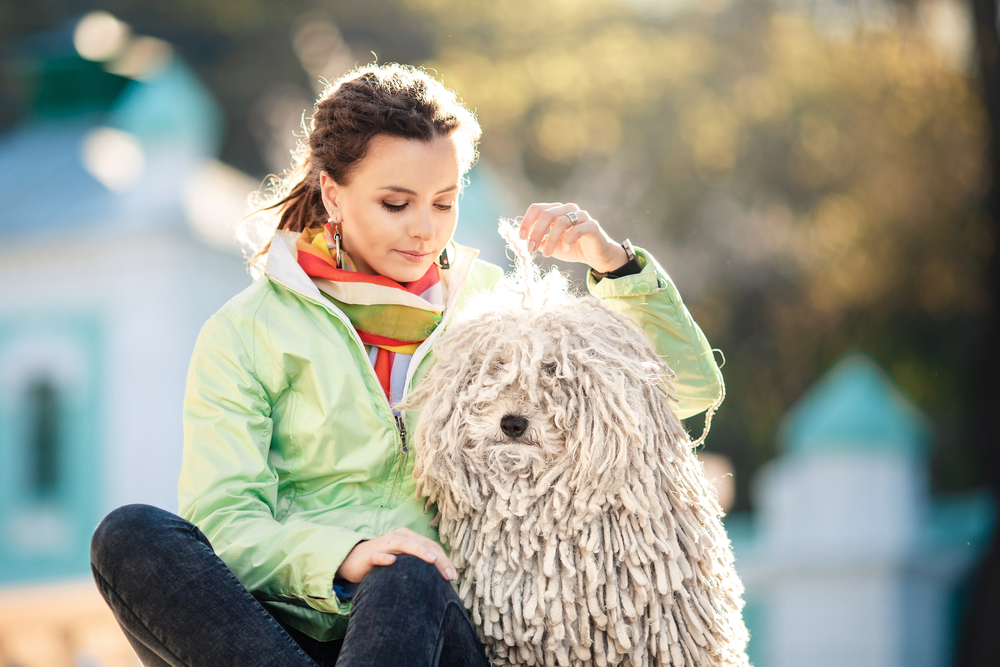 Young woman with puli dog walking at the street. City. Lifestyle.