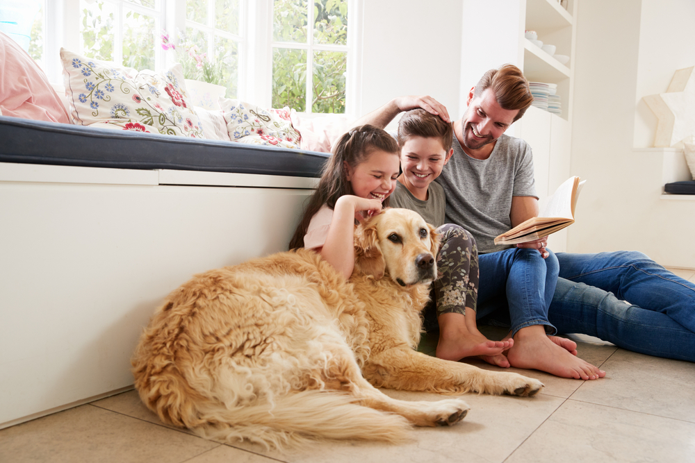 Father Reading Book With Son And Daughter And Pet Dog At Home